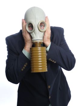 Man wearing a suit and gas mask on a white background