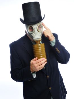 Man wearing a suit and gas mask on a white background