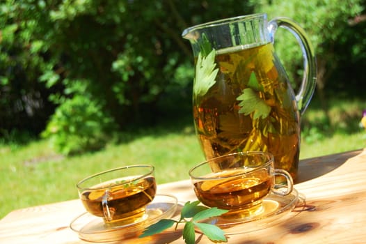 cup of tea in the garden showing concept of gardening