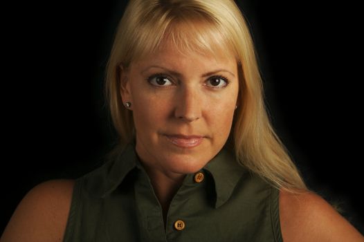 Attractive Blond Haired, Brown Eyed Woman on a black background.