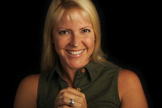 Attractive Blond Haired, Brown Eyed Woman on a black background.