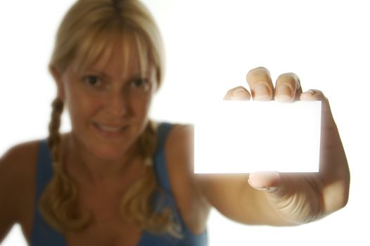 Smiling Woman Holding Blank Business Card. Room for text, or your own message.