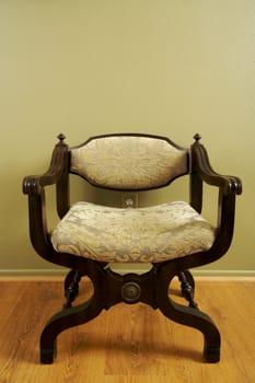 Roman Styled Chair Against an Olive Green Wall