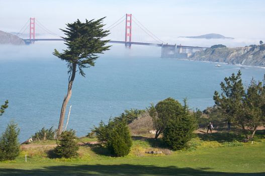 The Golden Gate Bridge in the early morning fog. San Francisco, California, United States.