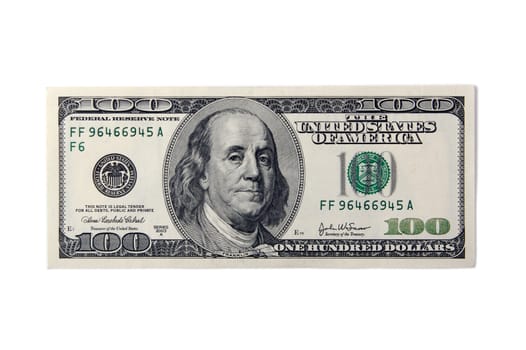 One Hundred Dollar Bill on a white background.