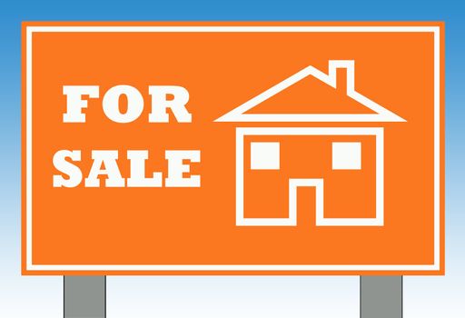 Home for sale road sign with copy space and blue sky background.