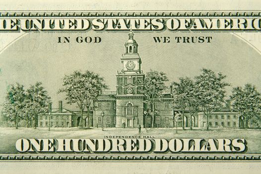 The Back of a One Hundred Dollar Bill close-up.