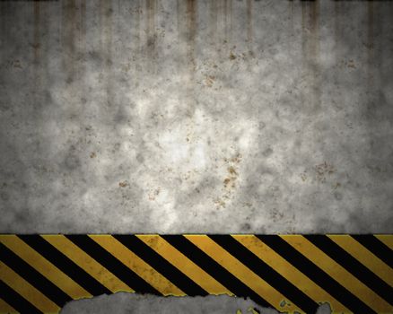 an old yellow and black hazard striped sign on a grungy concrete wall