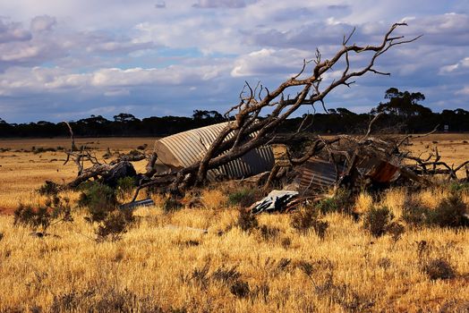 an old fallen tree and  pile of rubbish in the middle of a field