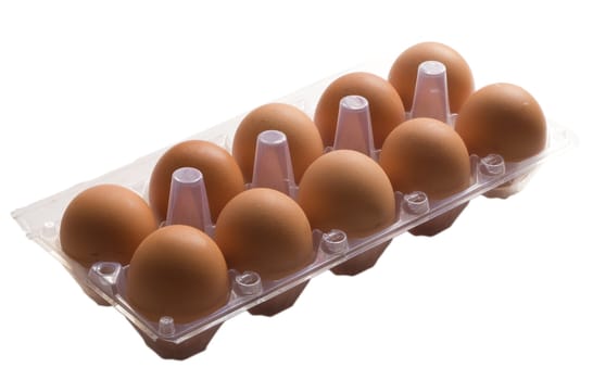 ten eggs on a tray on a white background