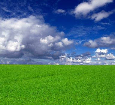 Conceptual image showing amazing blue skies over green meadows