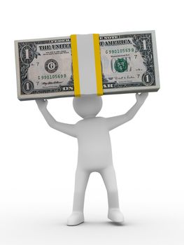 man holds money on white background. Isolated 3D image