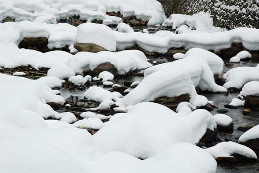 snowy river's stone in czech republic, horizontally framed shot