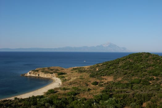greece sea with land, sky and mountain Athos