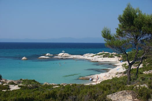 greece sea with blue sky, horizontally framed shot