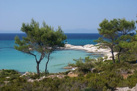 greece sea with blue sky, horizontally framed shot