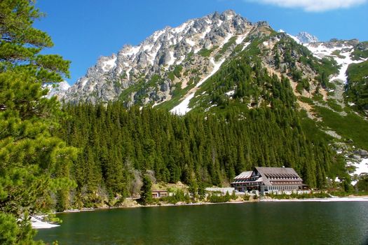 mountain lake in slovakia mountain with tourist cottage