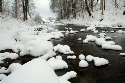 snowy river in czech republic, horizontally framed shot