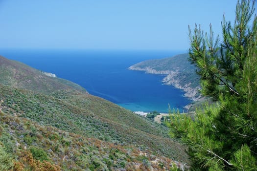 greece sea with blue sky, horizontally framed shot