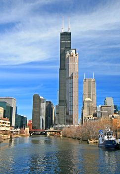 The high-rise buildings in the downtown Chicago