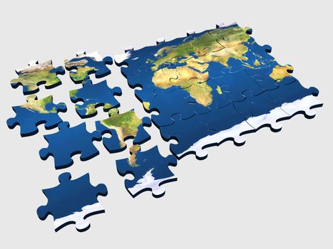 3d coloured puzzle with world map on pieces
