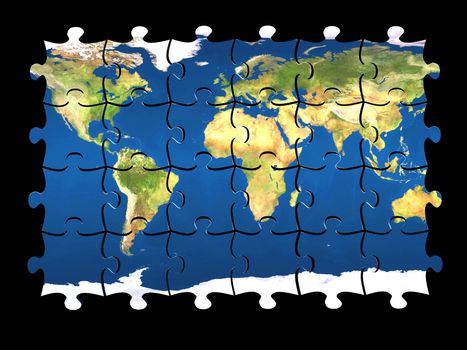 3d coloured puzzle with world map on pieces isolated