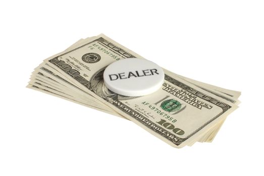 Counter with an inscription "dealer" on dollar banknotes it is isolated on a white background.