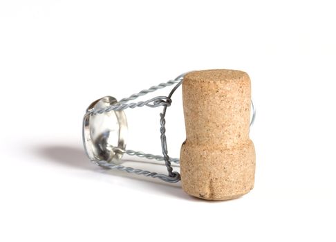 Champagne cork close up on a white background.