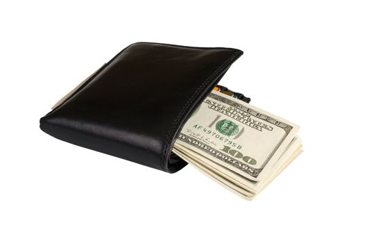 Dollar bills enclosed in a black leather wallet  it is isolated on a white background.