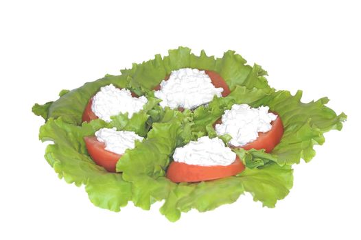 Tomatoes stuffed granular by pot cheese on leaf of the green salad. Isolated on white background.