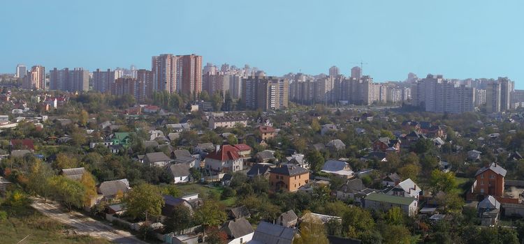 Suburb of the big city. Landscape with heights of the flight of the bird.    