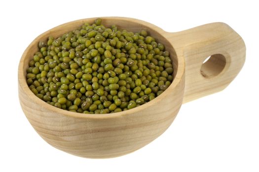 mung beans on a primitive, rustic, wooden scoop (bowl), isolated on white