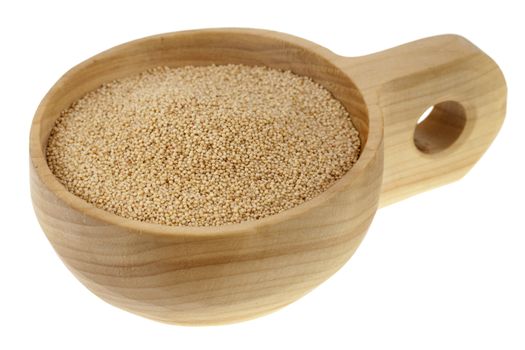 amaranth grain on a rustic, wooden scoop or bowl, isolated on white