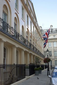 A street in London with a union jack flag