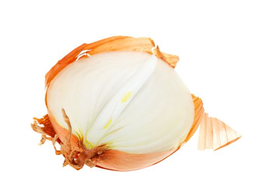 closeup of a sliced onion isolated on white background