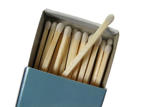 Blue box of matches, isolated on white background.