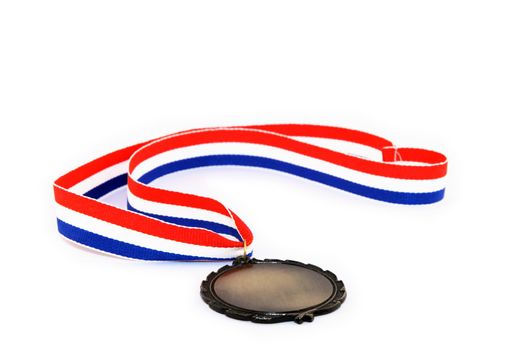 Blank medal with tricolor ribbon, isolated on white background.