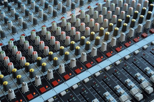 Professional mixing console for audio recording. Music studio.