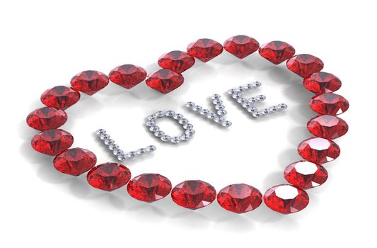 Heart of diamonds with word love, 3D render