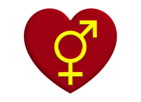 Male and female sex symbol with heart render isolated on white