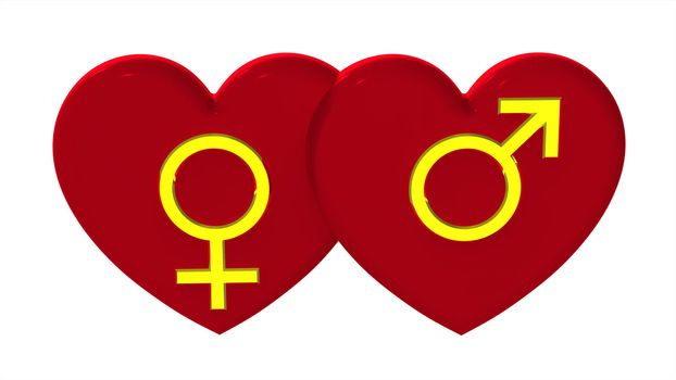 Male and female sex symbol with hearts render isolated on white