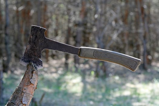 A wood handled axe on grey background