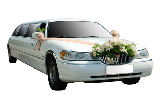 Wedding white  limousine car  (limo) on isolated background.