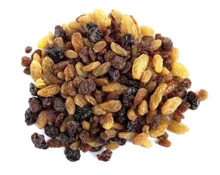 Pile of assorted raisins isolated over a white background.