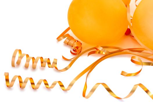 Orange balloons with gold twisted ribbons on overwhite background.