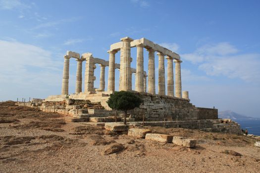 Temple of Poseidon, god of the sea in ancient Greek mythology, at Cape Sounion near Athens, Greece.