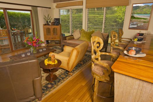 Tropical Living Room and Wood Counter