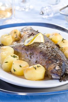 Baked trout with potatoes and lemon on plate