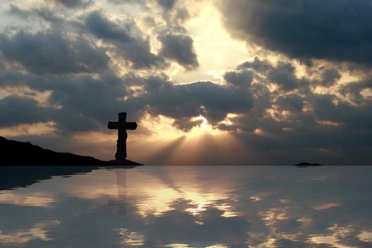 Cross in a Beautiful Sunset Reflection in a body of water - water is high resolution computer generated digital format.