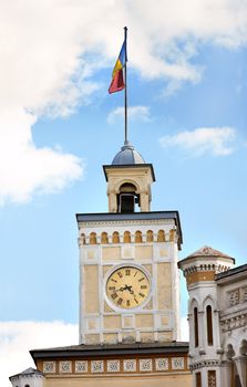 City hall watch tower in Chisinau, Moldova. Vertical panoram of 3 frames.